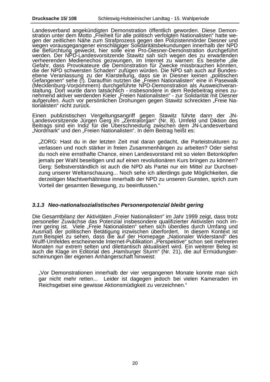 Seite 20 des Verfassungsschutzbericht 1999 Schleswig-Holstein