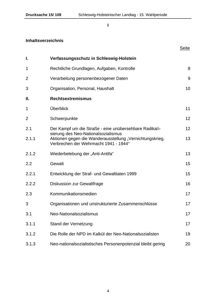 Seite 4 des Verfassungsschutzbericht 1999 Schleswig-Holstein