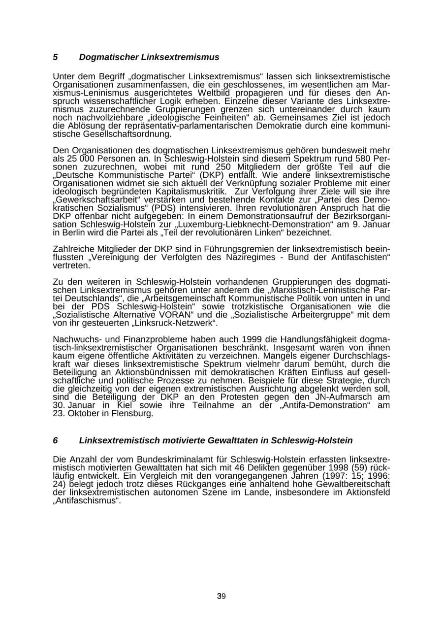 Seite 39 des Verfassungsschutzbericht 1999 Schleswig-Holstein