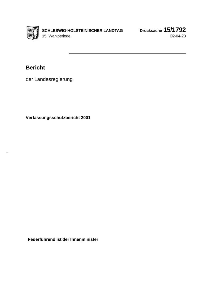 Seite 1 des Verfassungsschutzbericht 2001 Schleswig-Holstein