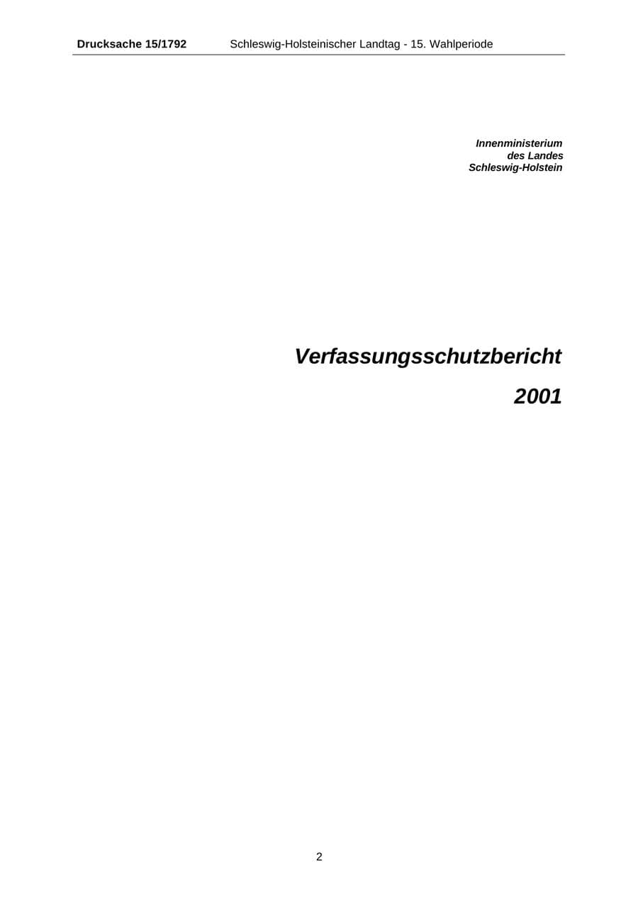 Seite 2 des Verfassungsschutzbericht 2001 Schleswig-Holstein