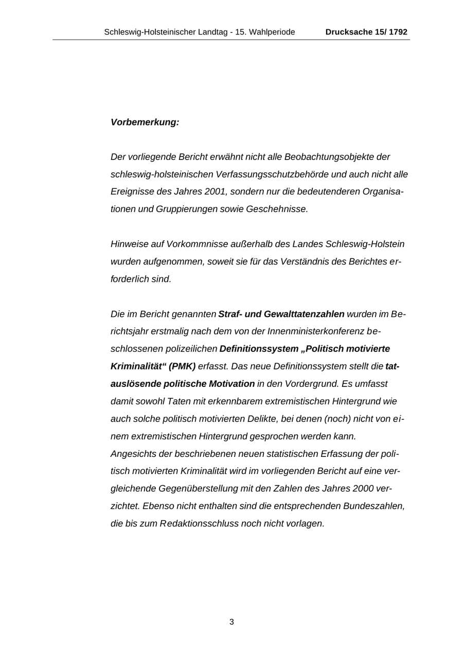 Seite 3 des Verfassungsschutzbericht 2001 Schleswig-Holstein