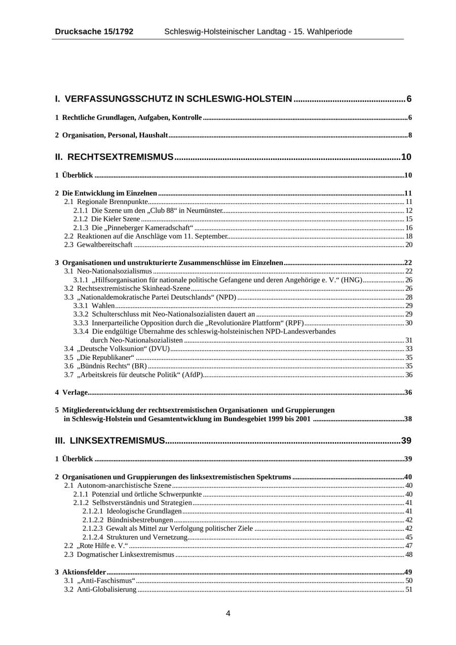 Seite 4 des Verfassungsschutzbericht 2001 Schleswig-Holstein