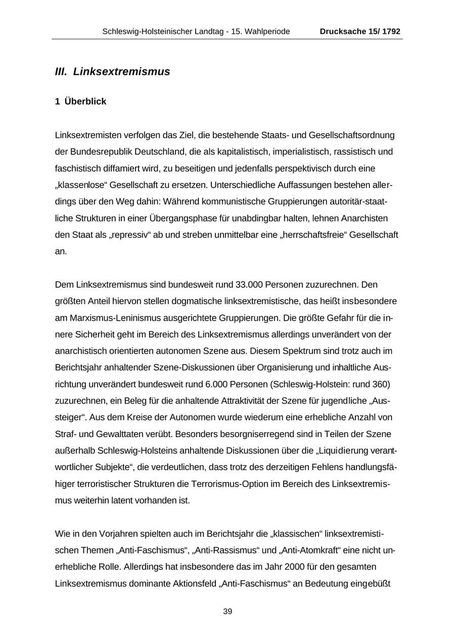 Seite 39 des Verfassungsschutzbericht 2001 Schleswig-Holstein