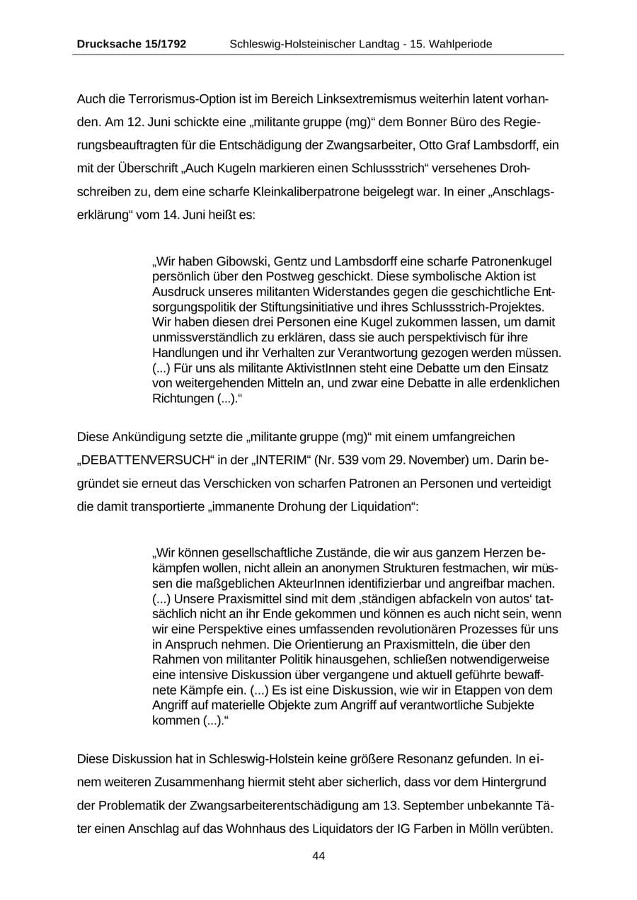 Seite 44 des Verfassungsschutzbericht 2001 Schleswig-Holstein