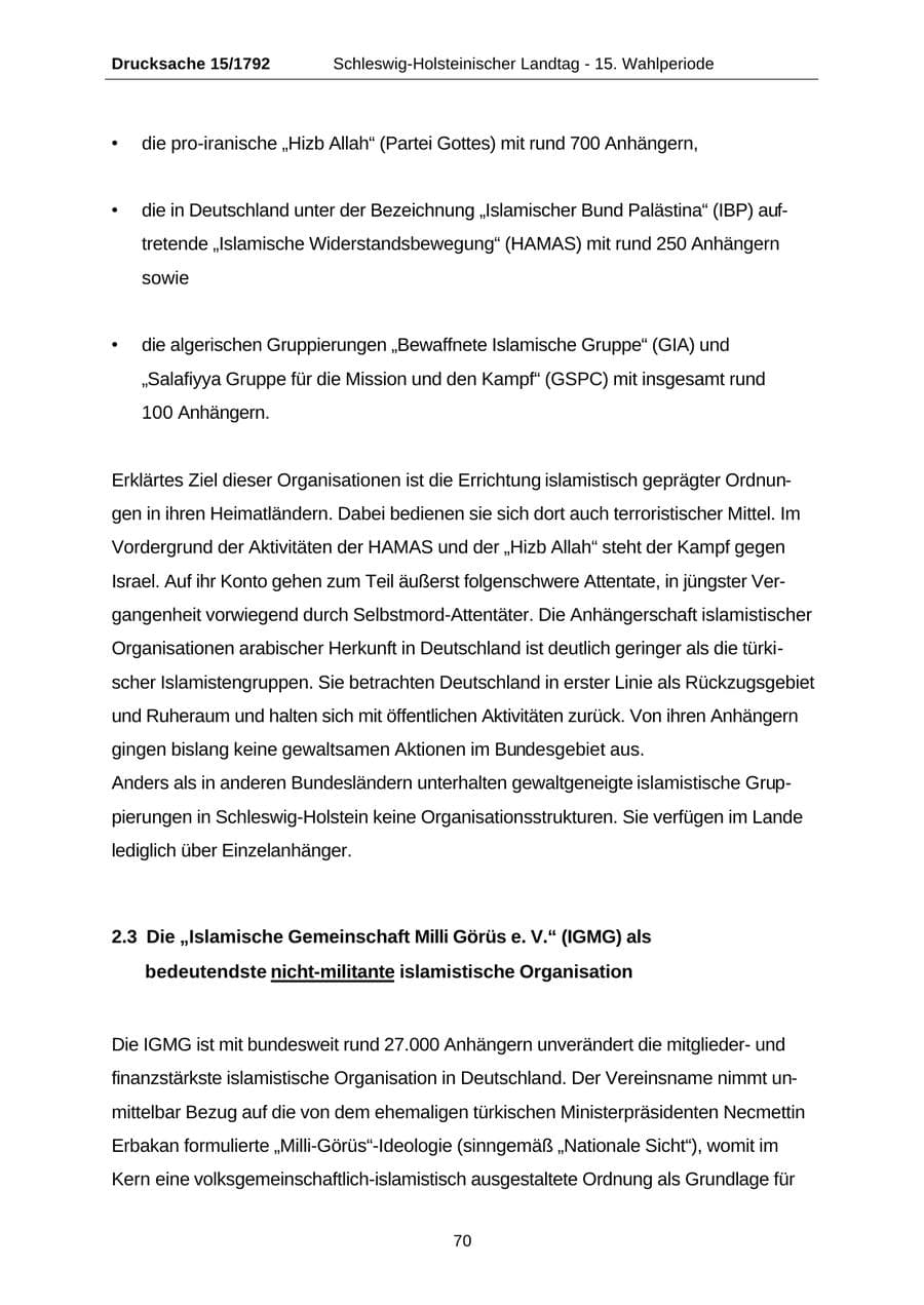 Seite 70 des Verfassungsschutzbericht 2001 Schleswig-Holstein