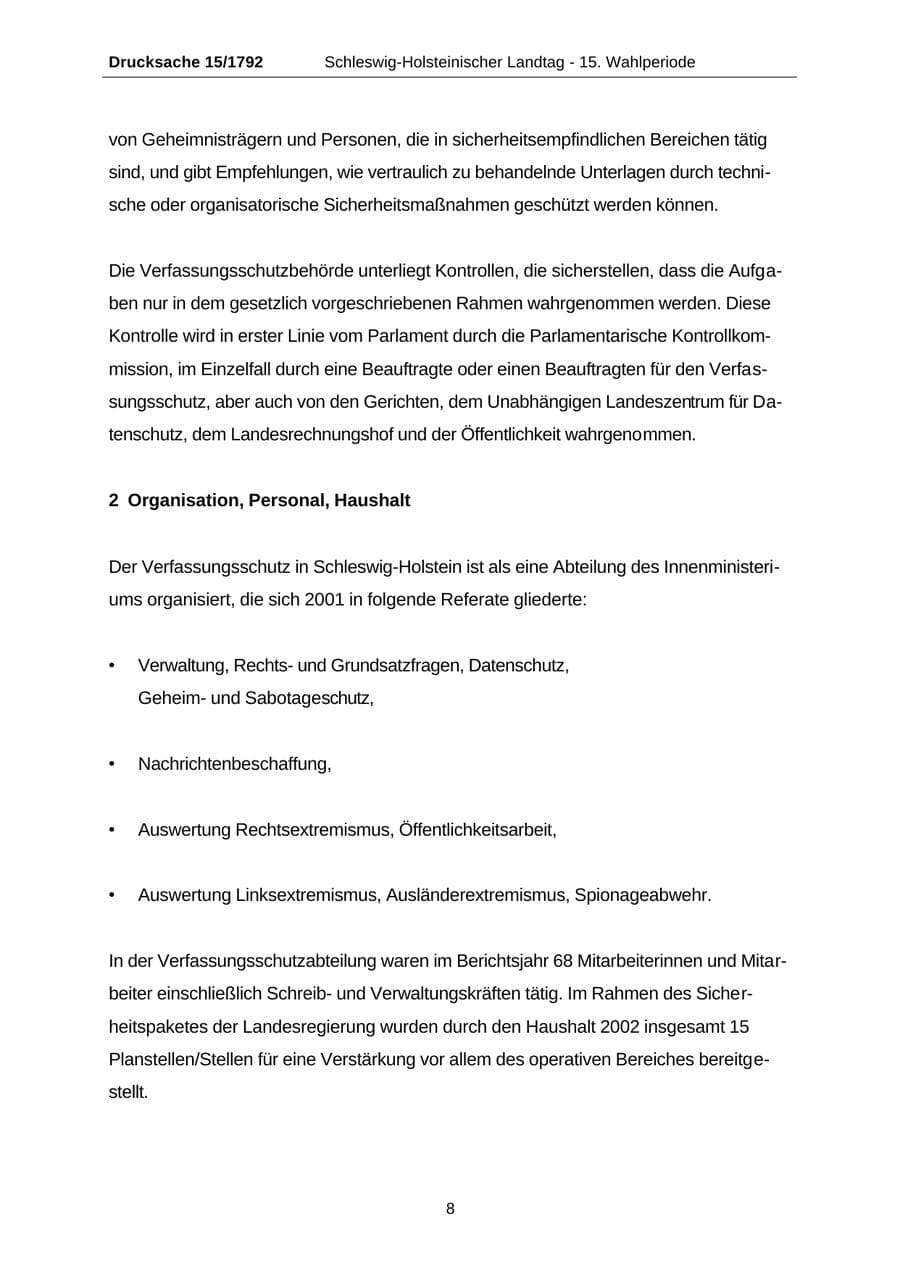 Seite 8 des Verfassungsschutzbericht 2001 Schleswig-Holstein