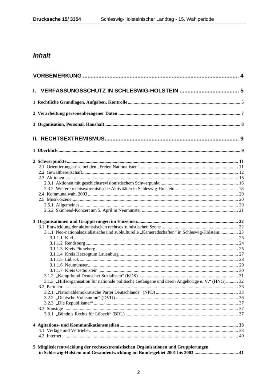 Seite 2 des Verfassungsschutzbericht 2003 Schleswig-Holstein