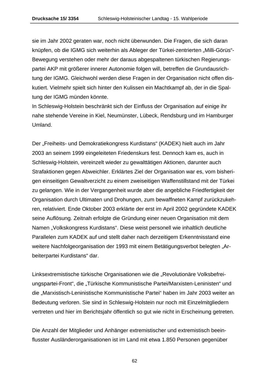Seite 62 des Verfassungsschutzbericht 2003 Schleswig-Holstein