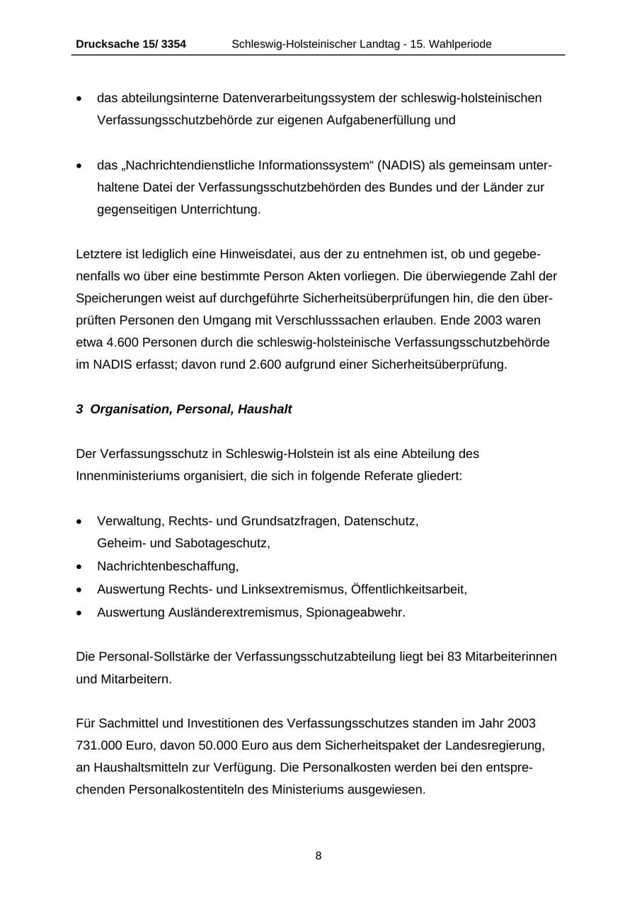 Seite 8 des Verfassungsschutzbericht 2003 Schleswig-Holstein