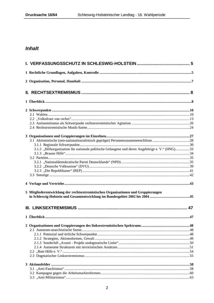 Seite 2 des Verfassungsschutzbericht 2004 Schleswig-Holstein