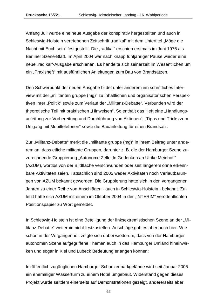 Seite 62 des Verfassungsschutzbericht 2005 Schleswig-Holstein