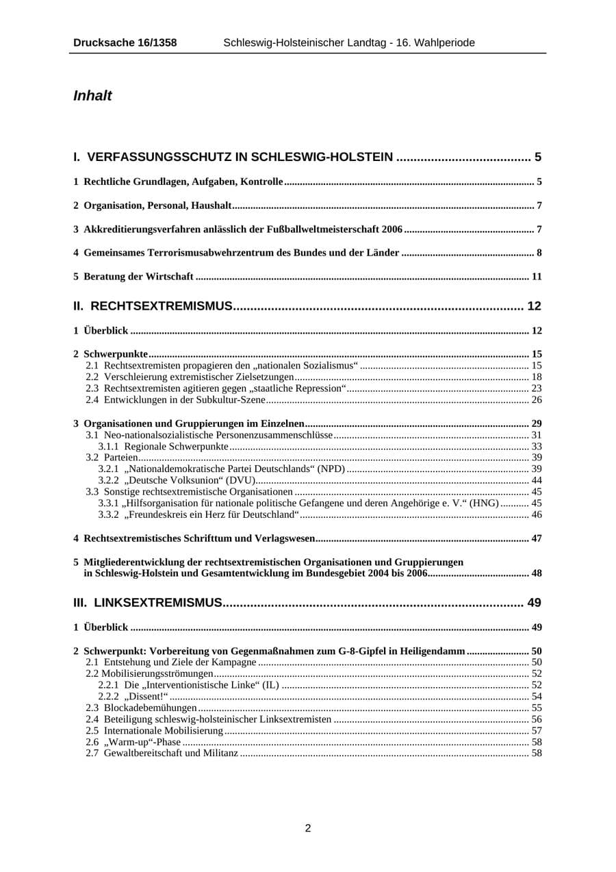 Seite 2 des Verfassungsschutzbericht 2006 Schleswig-Holstein
