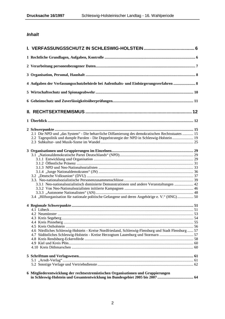Seite 2 des Verfassungsschutzbericht 2007 Schleswig-Holstein