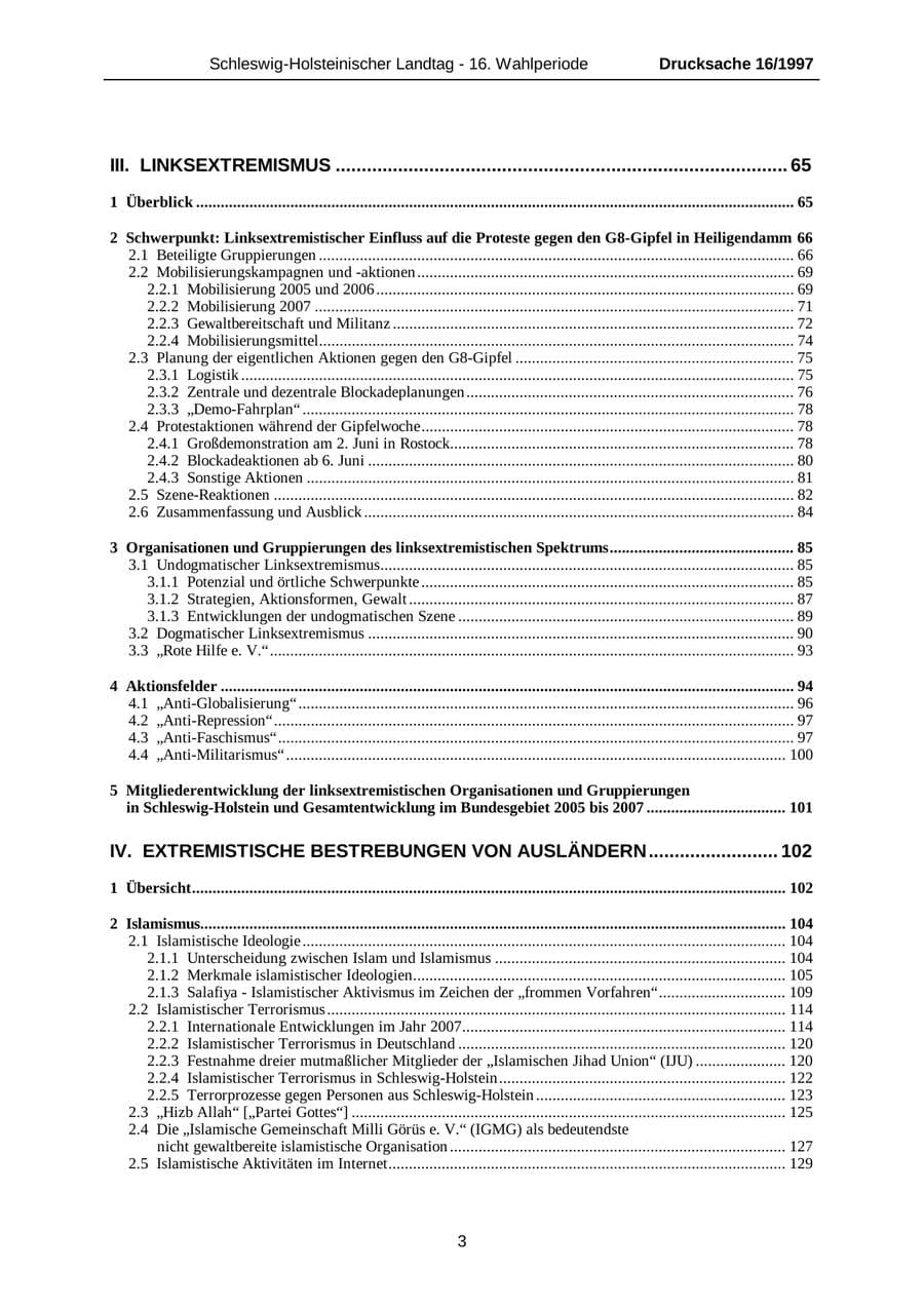 Seite 3 des Verfassungsschutzbericht 2007 Schleswig-Holstein