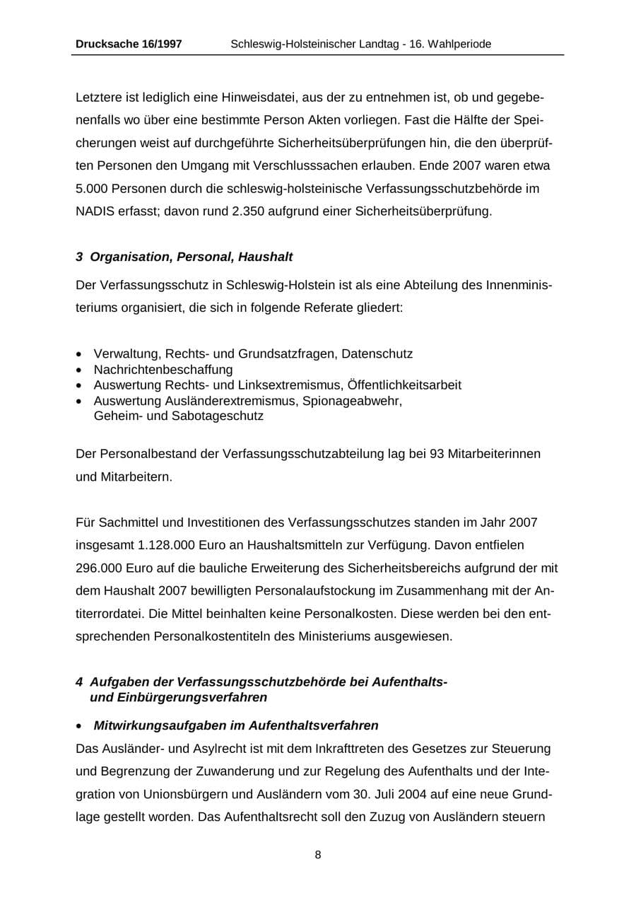 Seite 8 des Verfassungsschutzbericht 2007 Schleswig-Holstein