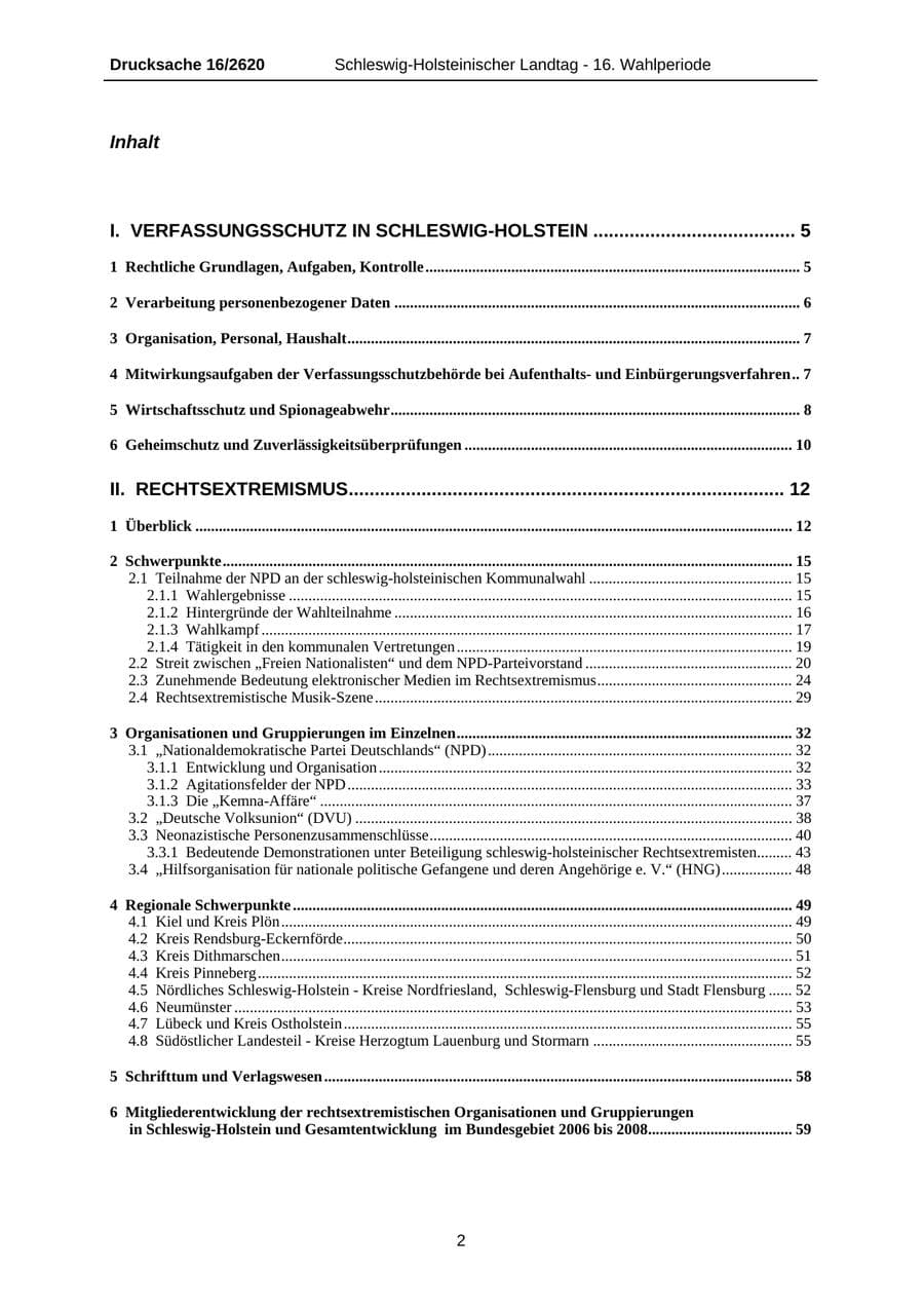 Seite 2 des Verfassungsschutzbericht 2008 Schleswig-Holstein