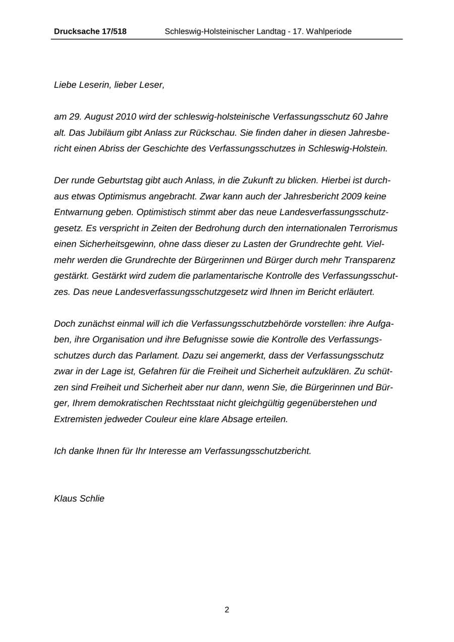 Seite 2 des Verfassungsschutzbericht 2009 Schleswig-Holstein