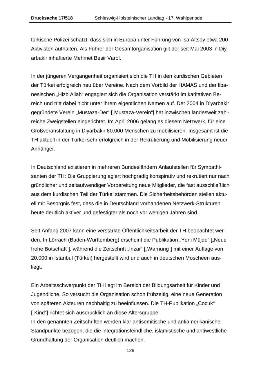 Seite 128 des Verfassungsschutzbericht 2009 Schleswig-Holstein