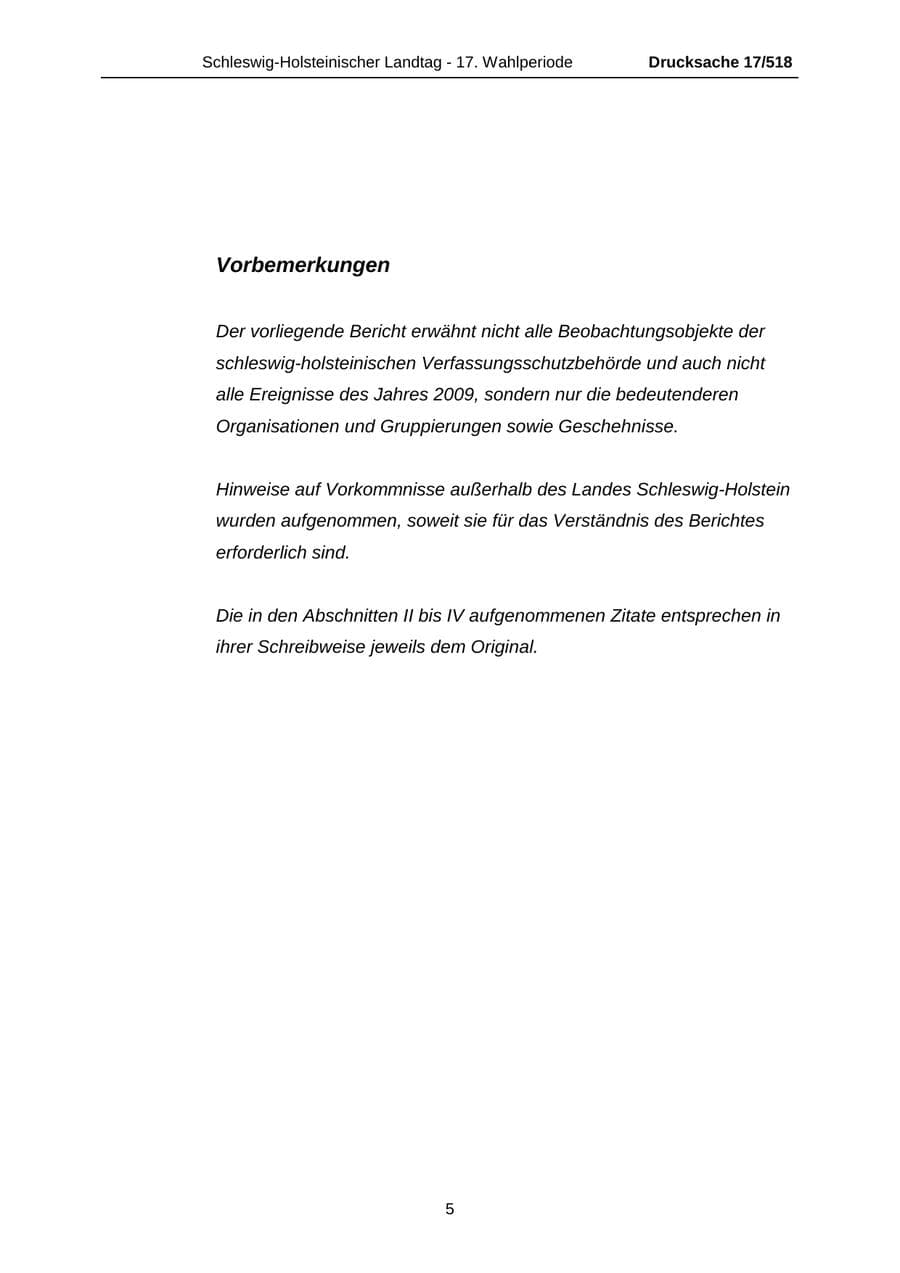 Seite 5 des Verfassungsschutzbericht 2009 Schleswig-Holstein
