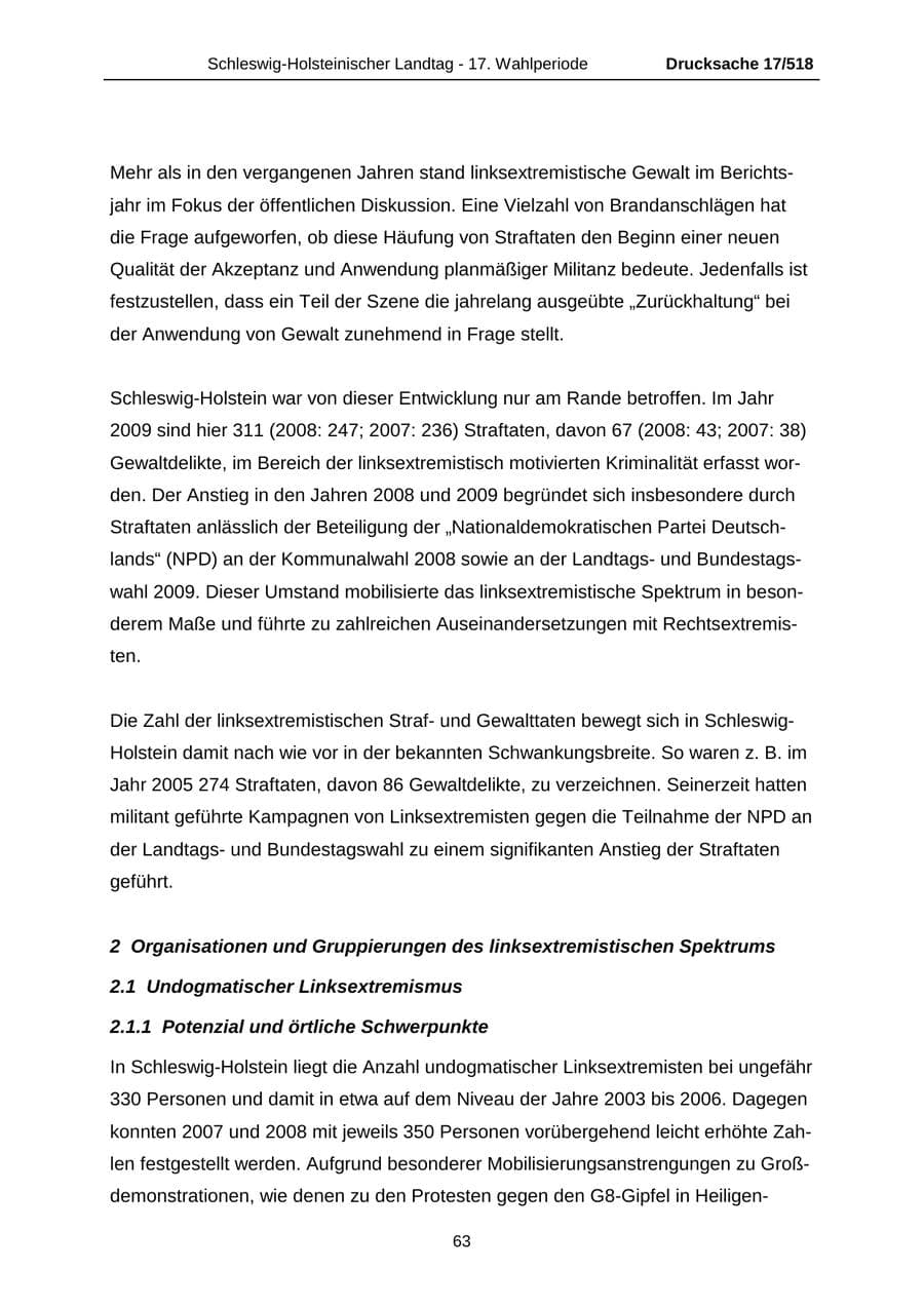 Seite 63 des Verfassungsschutzbericht 2009 Schleswig-Holstein