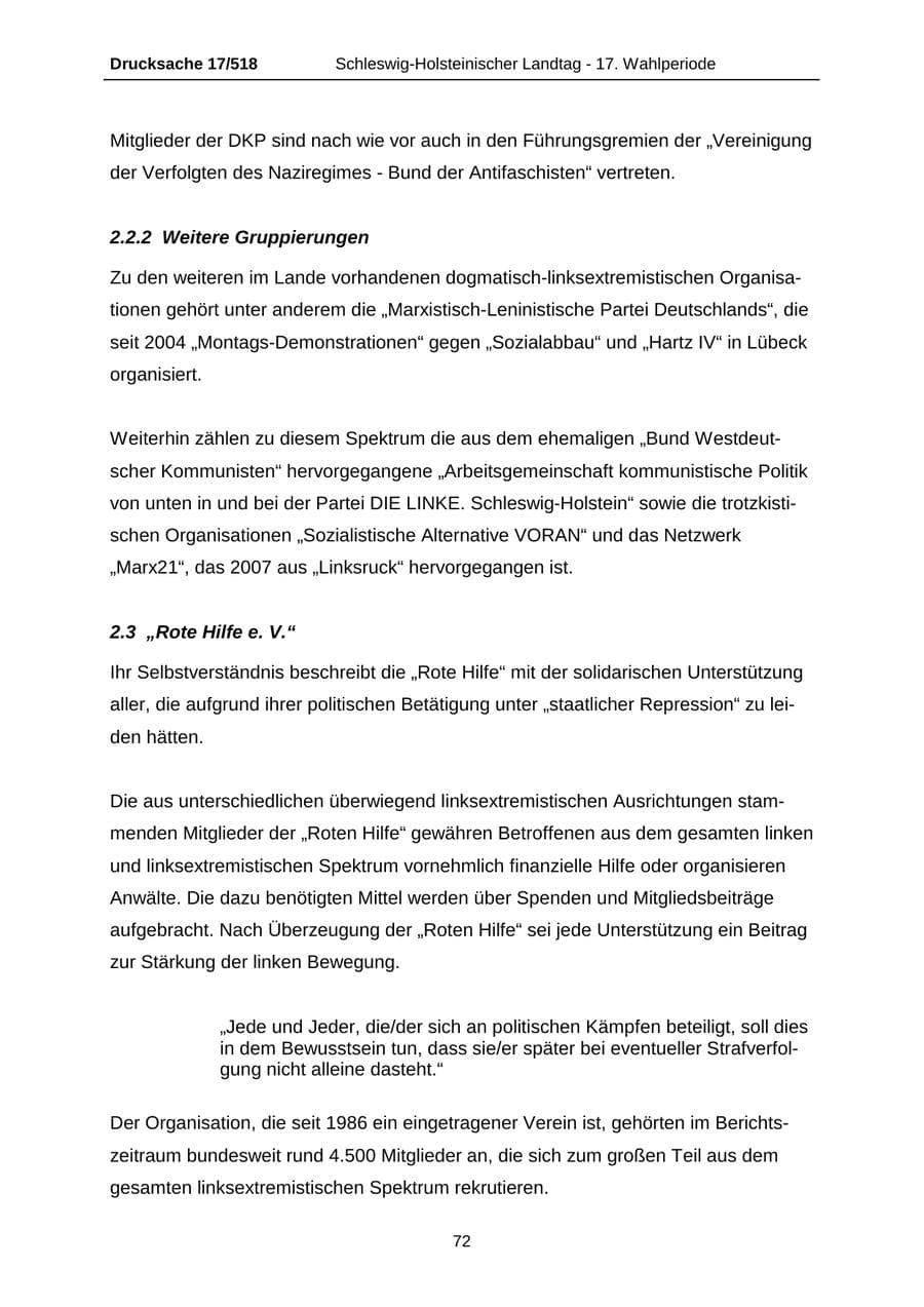 Seite 72 des Verfassungsschutzbericht 2009 Schleswig-Holstein