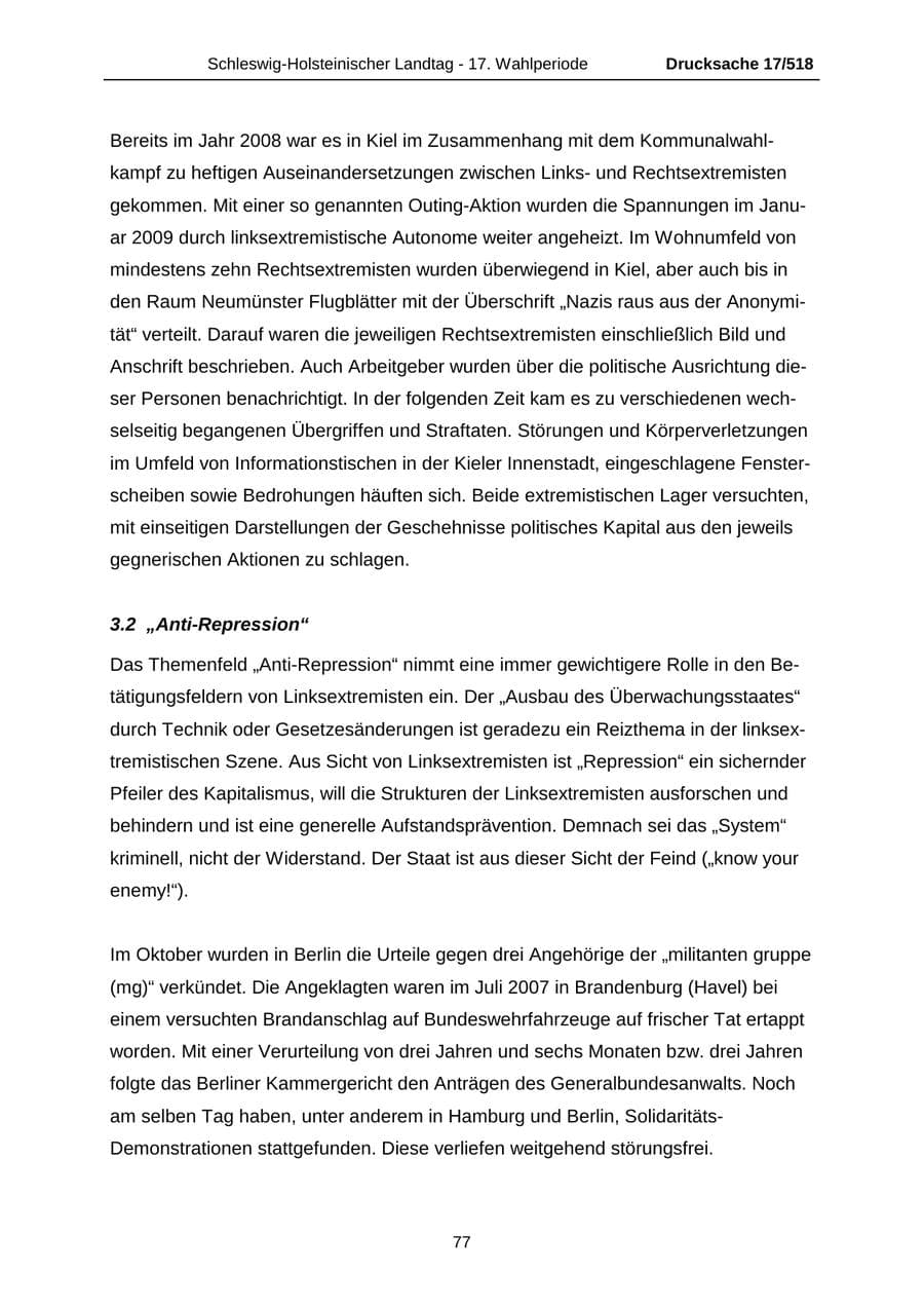 Seite 77 des Verfassungsschutzbericht 2009 Schleswig-Holstein