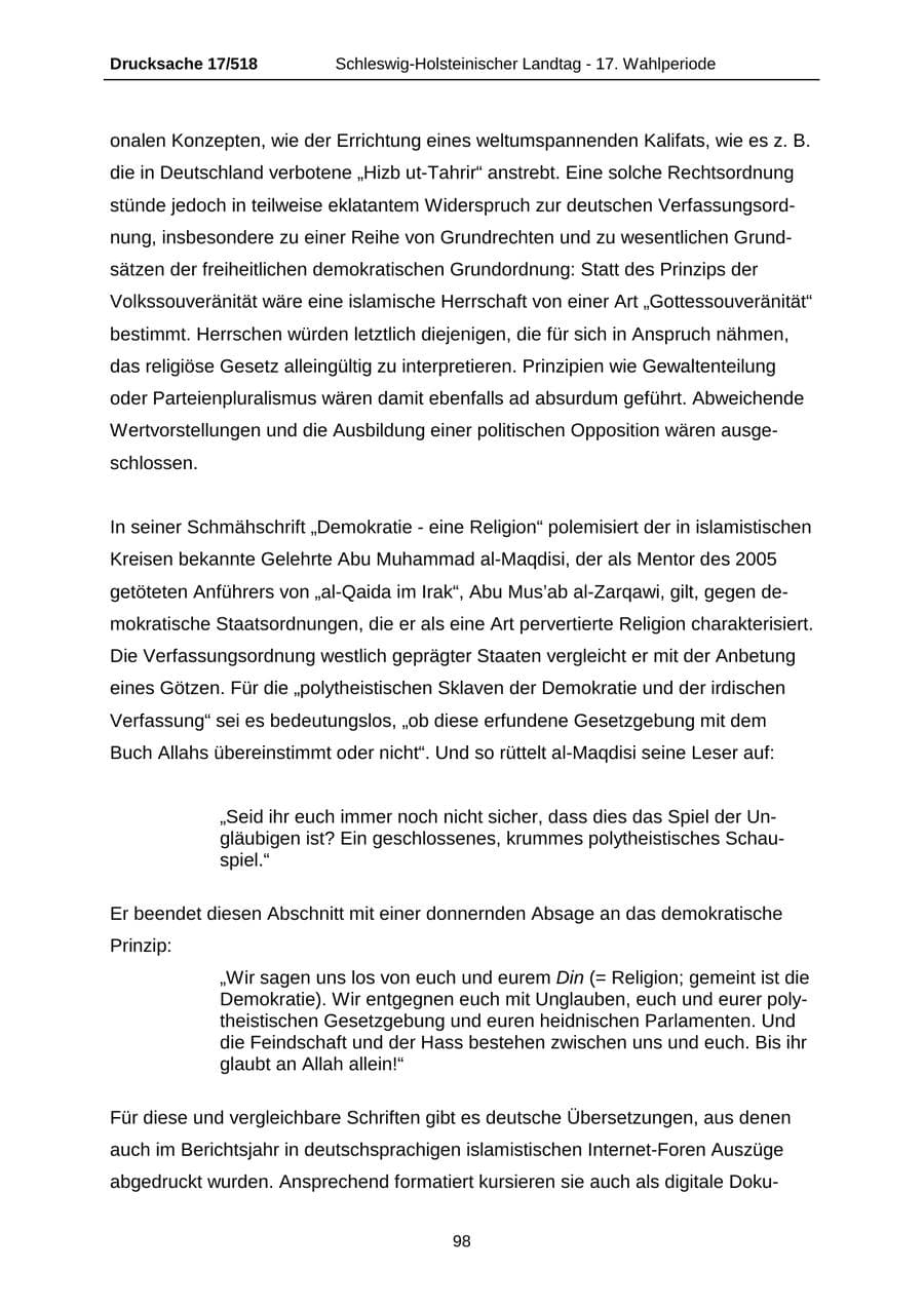 Seite 98 des Verfassungsschutzbericht 2009 Schleswig-Holstein