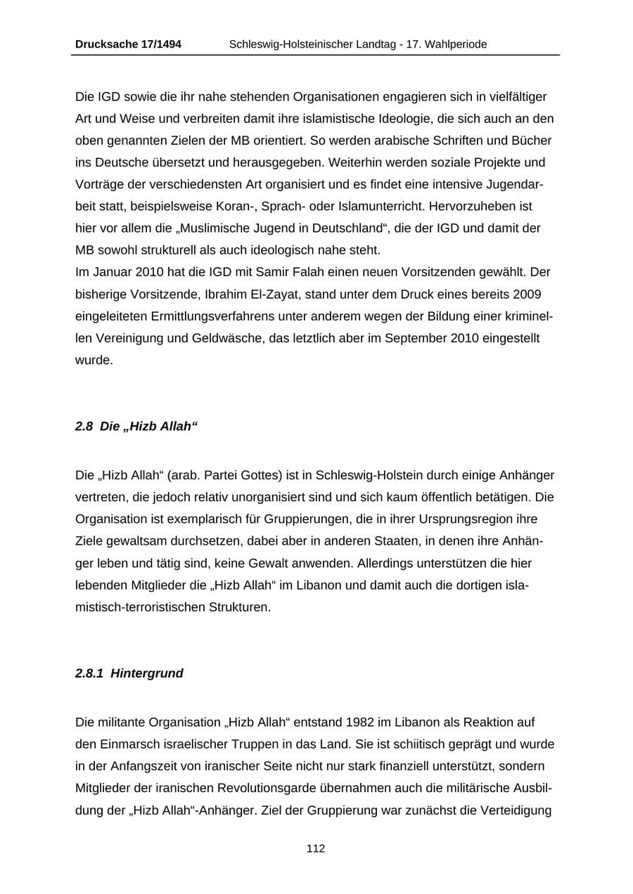 Seite 112 des Verfassungsschutzbericht 2010 Schleswig-Holstein