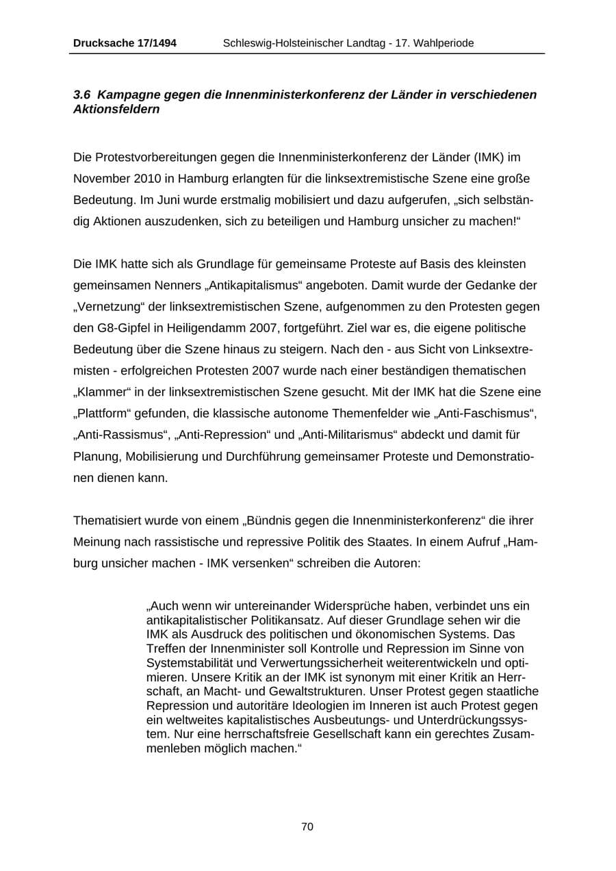 Seite 70 des Verfassungsschutzbericht 2010 Schleswig-Holstein