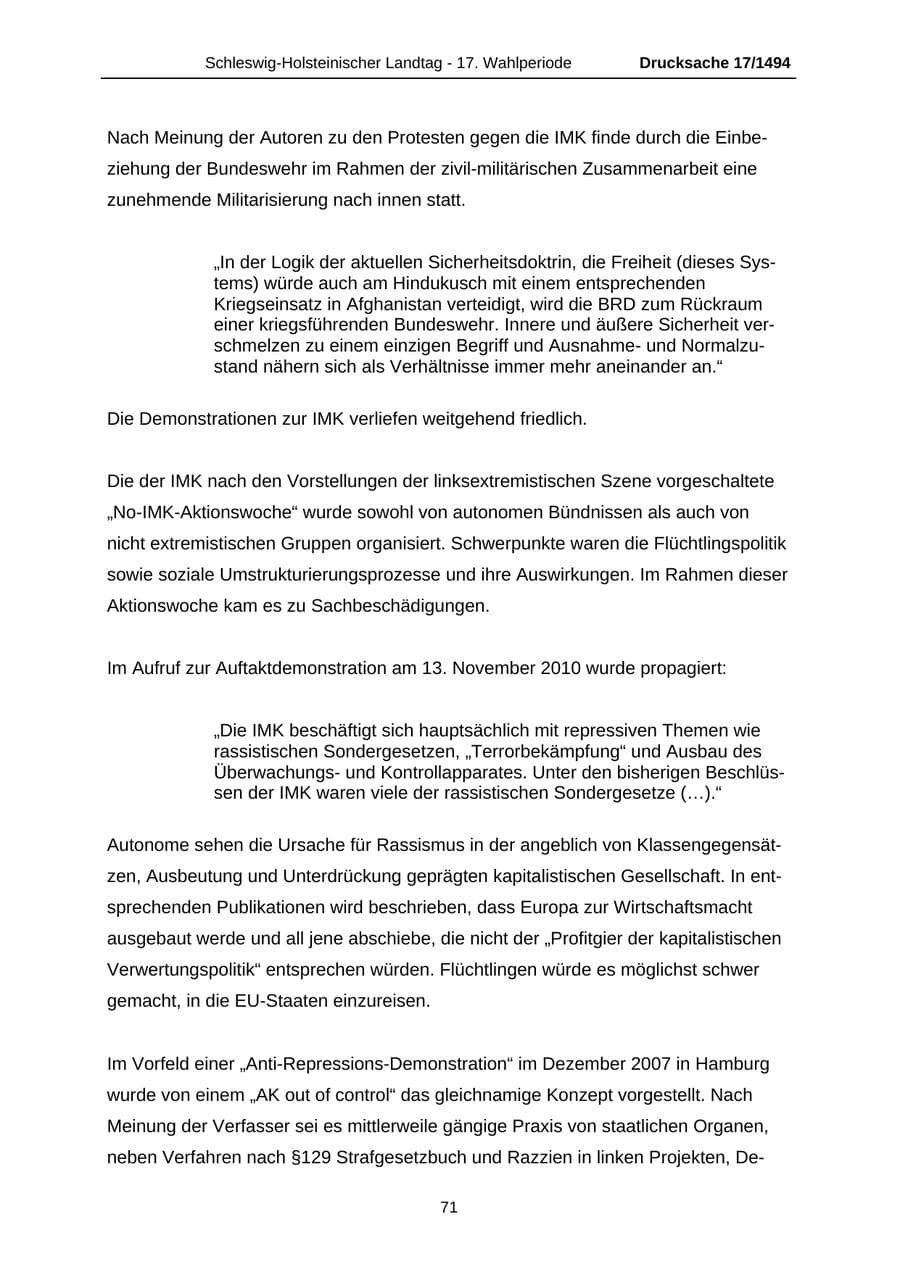 Seite 71 des Verfassungsschutzbericht 2010 Schleswig-Holstein