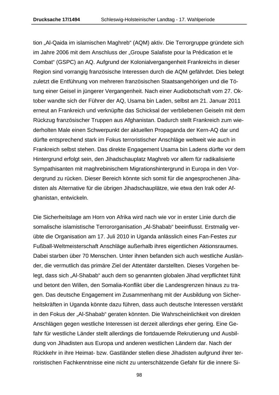 Seite 98 des Verfassungsschutzbericht 2010 Schleswig-Holstein
