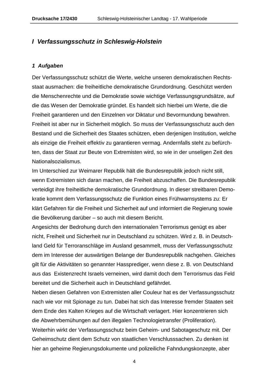 Seite 4 des Verfassungsschutzbericht 2011 Schleswig-Holstein