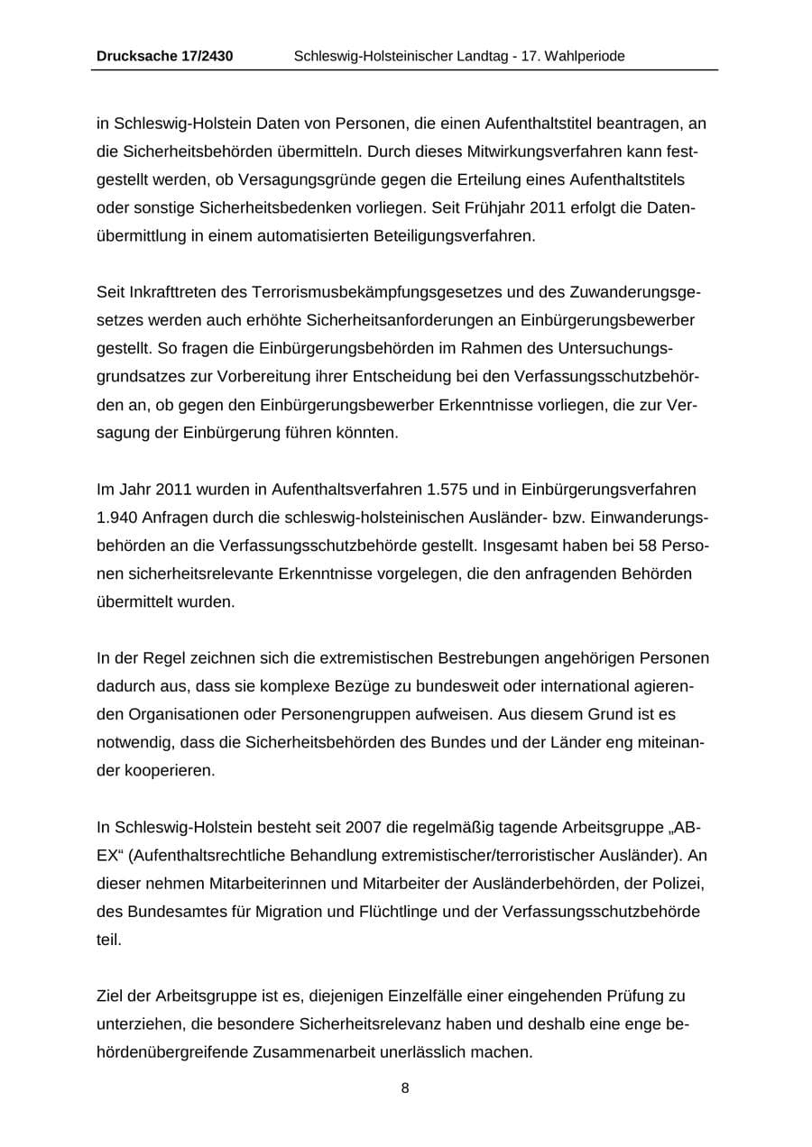 Seite 8 des Verfassungsschutzbericht 2011 Schleswig-Holstein