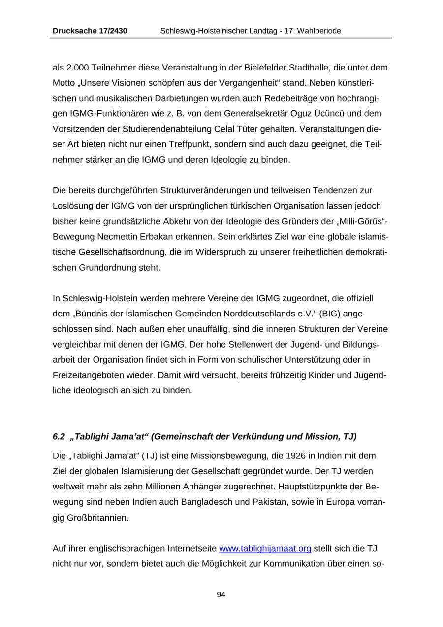 Seite 94 des Verfassungsschutzbericht 2011 Schleswig-Holstein
