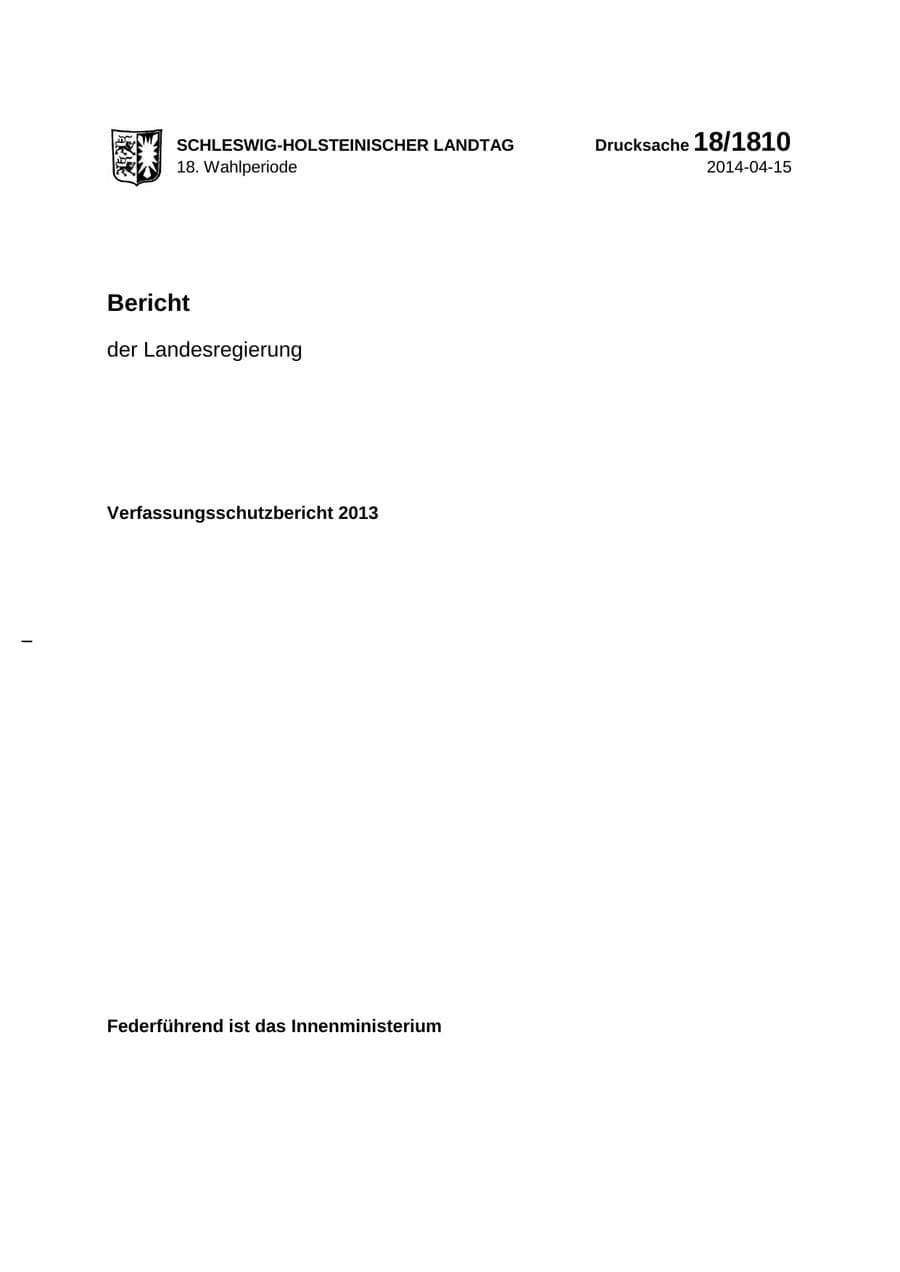 Seite 1 des Verfassungsschutzbericht 2013 Schleswig-Holstein