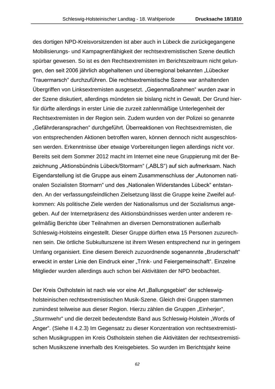 Seite 62 des Verfassungsschutzbericht 2013 Schleswig-Holstein