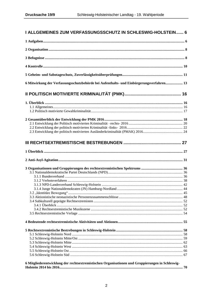 Seite 2 des Verfassungsschutzbericht 2016 Schleswig-Holstein