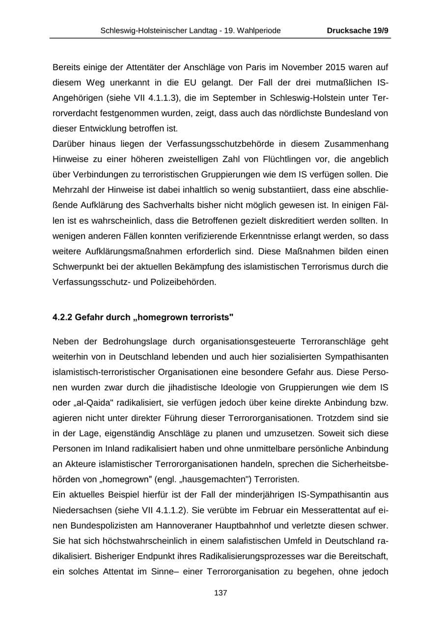 Seite 137 des Verfassungsschutzbericht 2016 Schleswig-Holstein