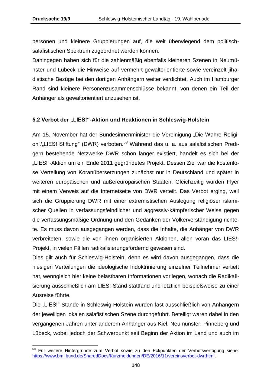 Seite 148 des Verfassungsschutzbericht 2016 Schleswig-Holstein