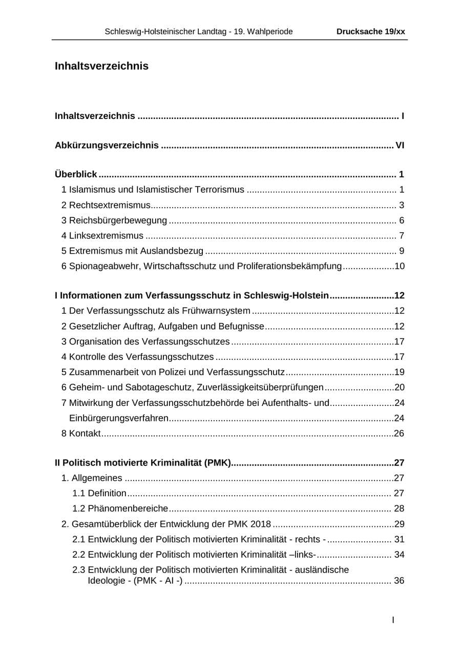 Seite 2 des Verfassungsschutzbericht 2018 Schleswig-Holstein