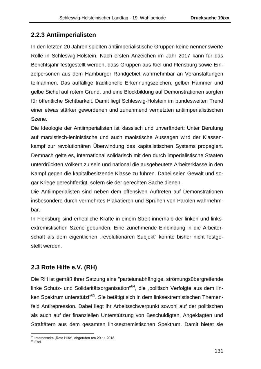 Seite 143 des Verfassungsschutzbericht 2018 Schleswig-Holstein