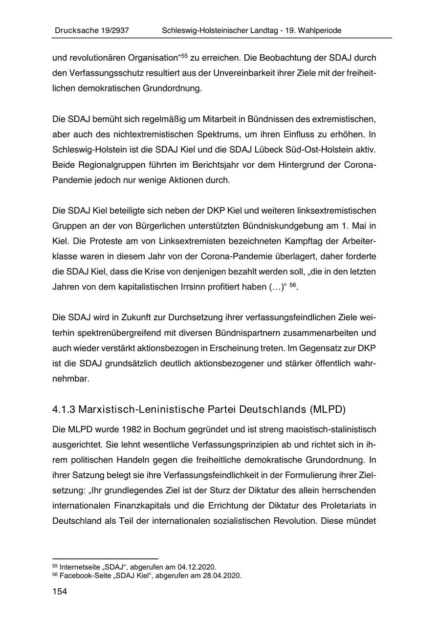 Seite 166 des Verfassungsschutzbericht 2020 Schleswig-Holstein