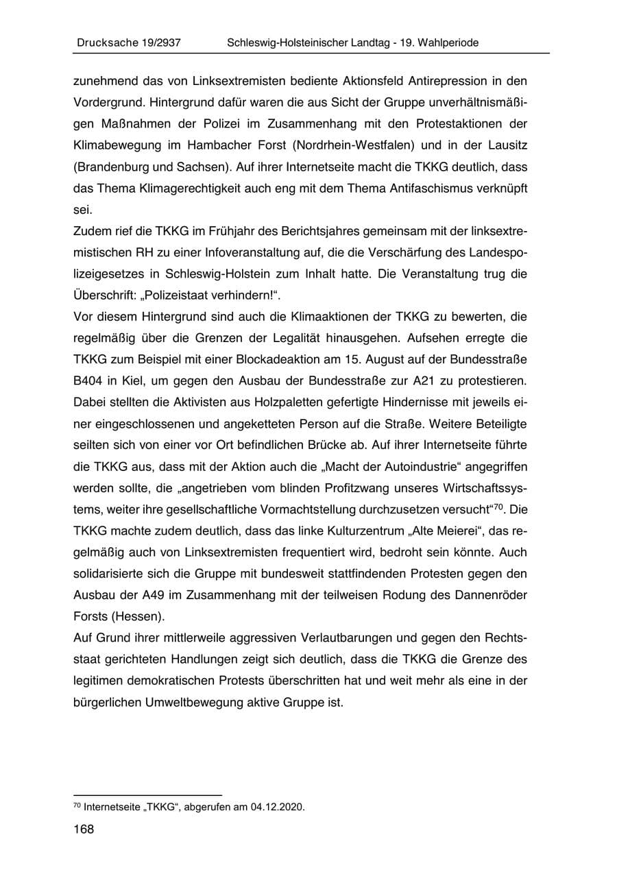 Seite 180 des Verfassungsschutzbericht 2020 Schleswig-Holstein
