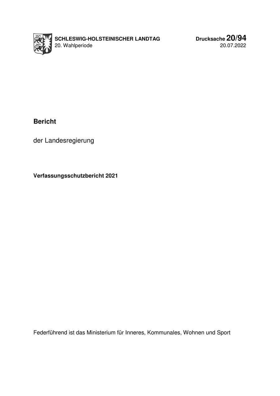 Seite 1 des Verfassungsschutzbericht 2021 Schleswig-Holstein