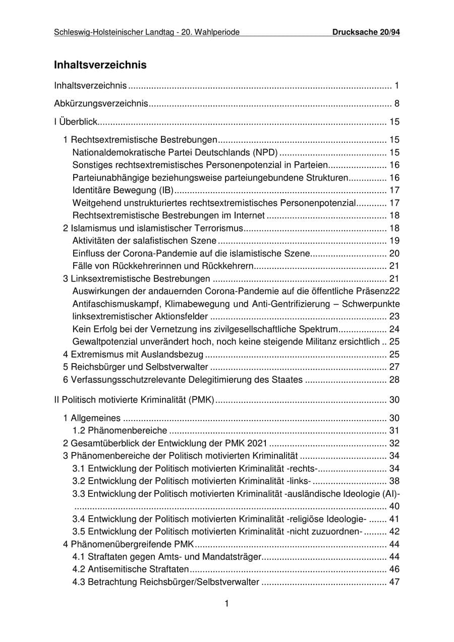 Seite 2 des Verfassungsschutzbericht 2021 Schleswig-Holstein