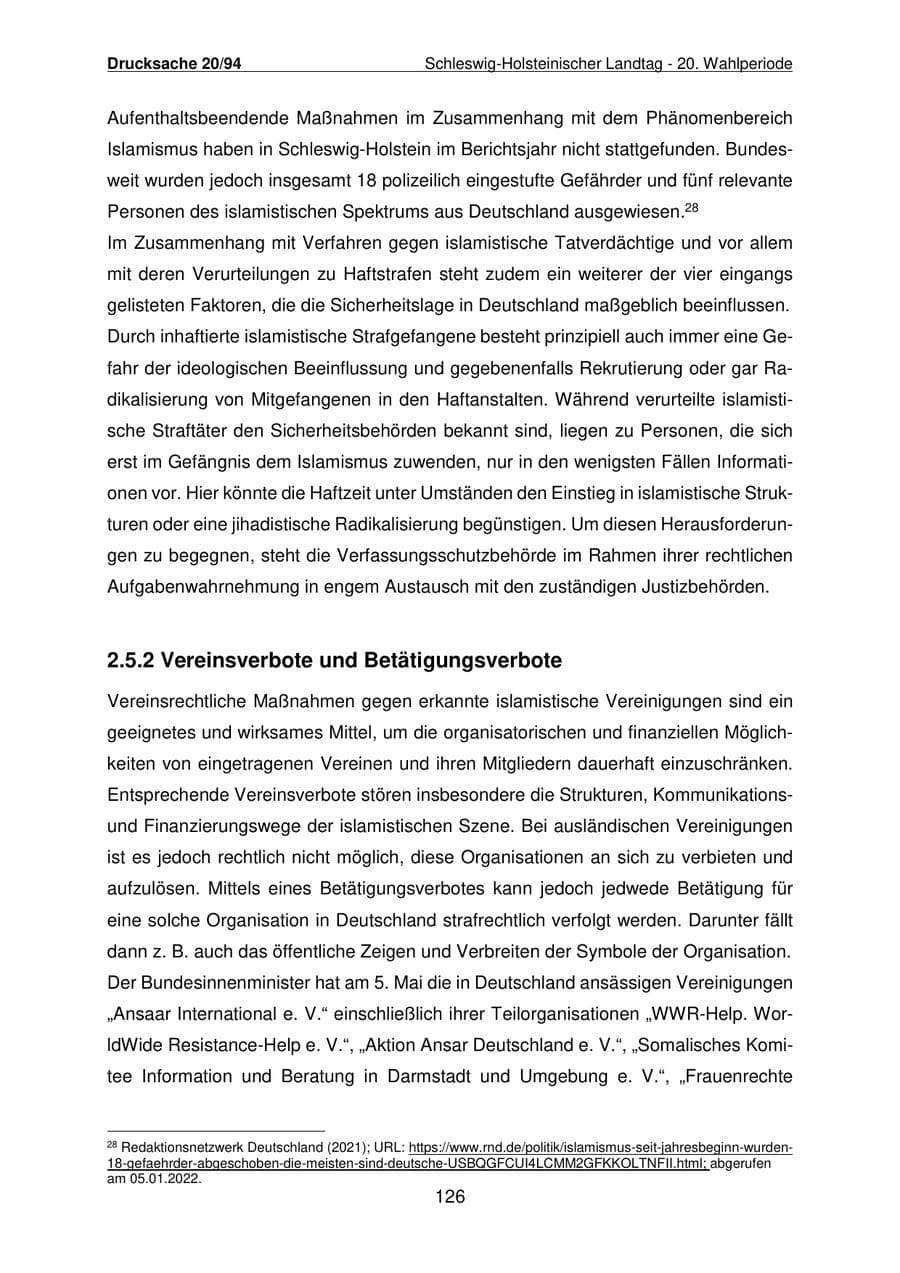 Seite 127 des Verfassungsschutzbericht 2021 Schleswig-Holstein