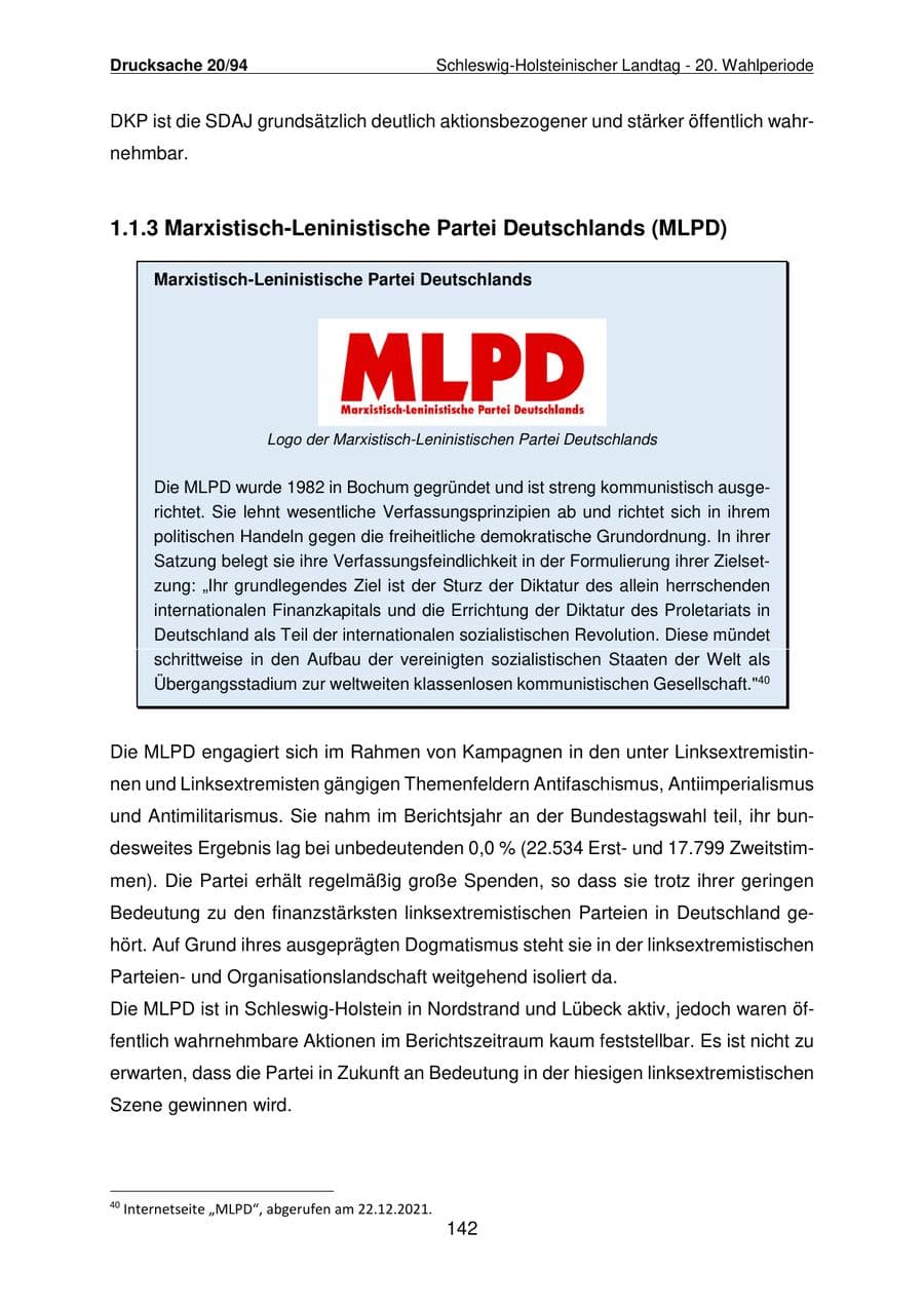 Seite 143 des Verfassungsschutzbericht 2021 Schleswig-Holstein