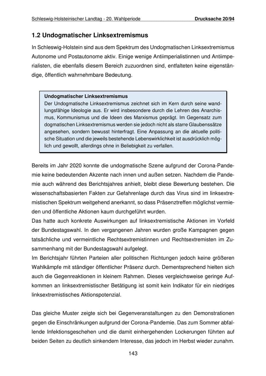Seite 144 des Verfassungsschutzbericht 2021 Schleswig-Holstein