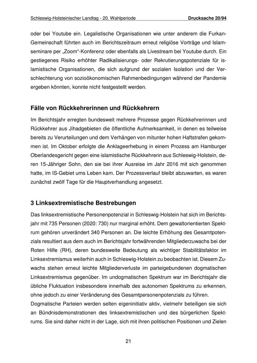 Seite 22 des Verfassungsschutzbericht 2021 Schleswig-Holstein